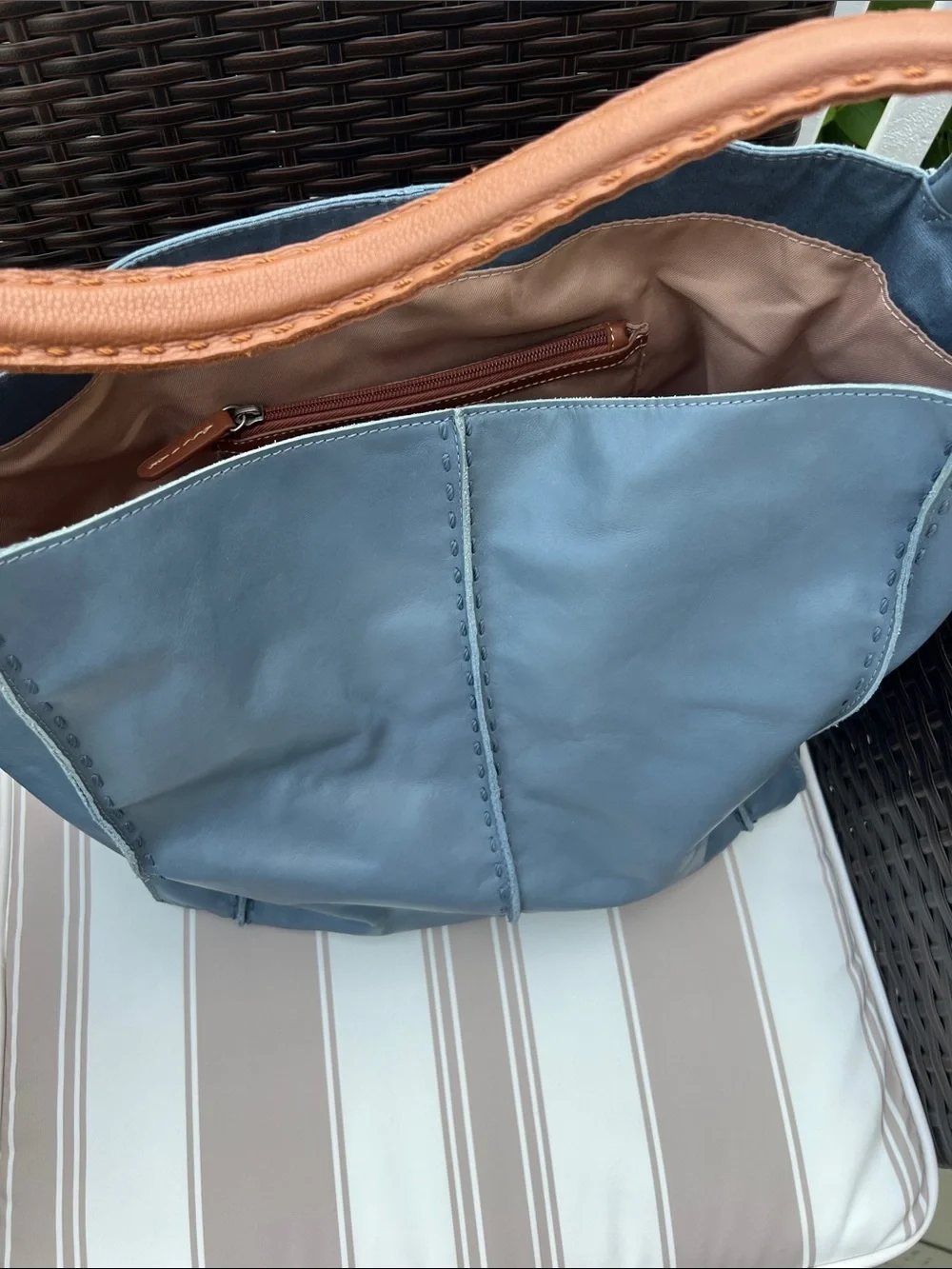 The Sak Two-Tone Blue Leather Tote with Tan Strap